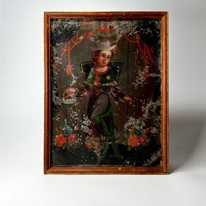 Vintage Framed Retablo Art with Red and Green Accents Painted on Tin